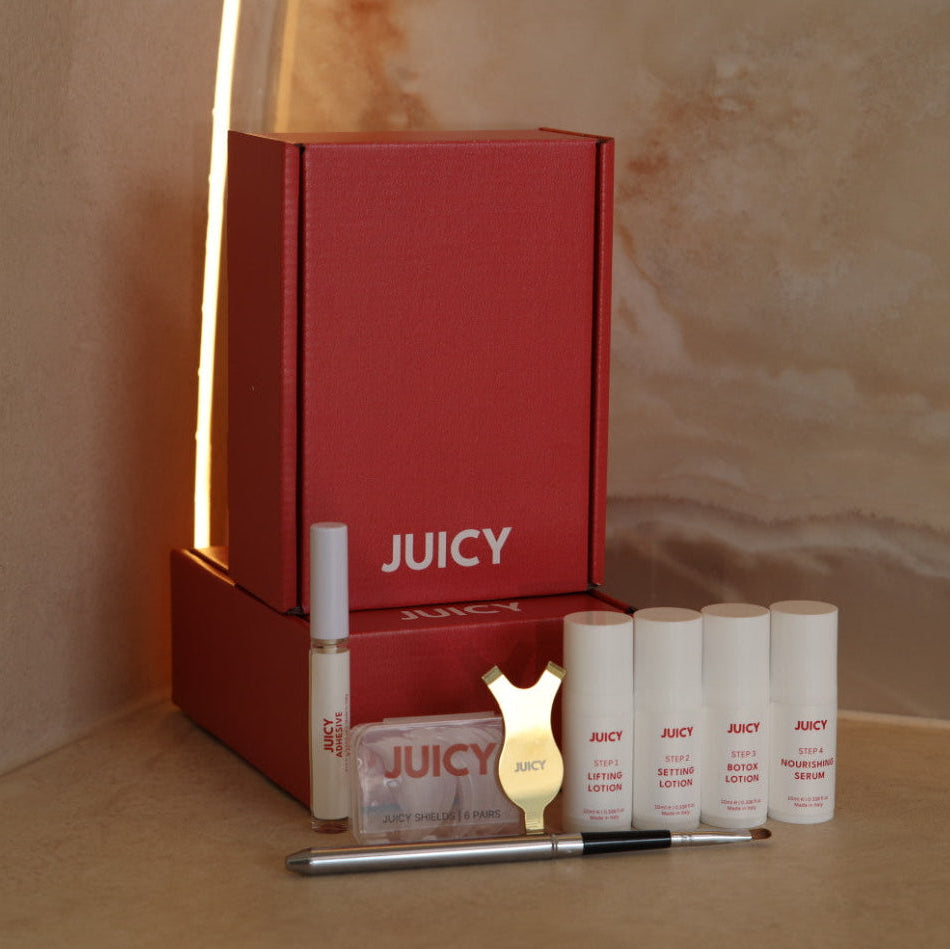 Juicy product set with red box, white 4 step bottles, adhesive, y tool and a brush 